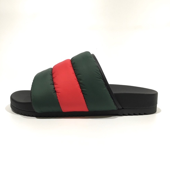 GUCCI PADDED WEB SLIDE SANDALS -GREEN / RED PUFFER NYLON -WOMEN’S US 8 -NEW - Picture 3 of 7